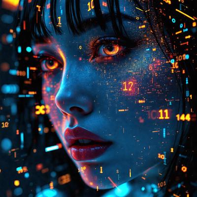 The primary subject of the image is a woman with a blue background. She is wearing a white shirt and has a pouty lip. The visual style of the image is digital art, with a colorful and vibrant atmosphere.